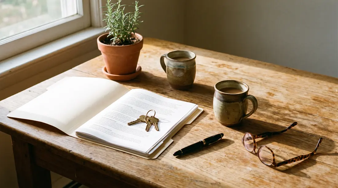 An open document folder, house keys, two mugs of coffee and a pen on a sunlit kitchen table