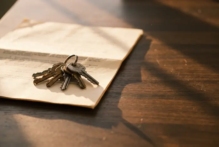 A ring of house keys resting on a folded document on a dark wooden table