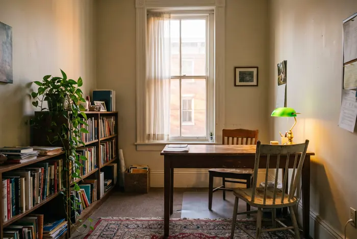 A small lending office with a wooden desk, two chairs, a bookshelf and afternoon light