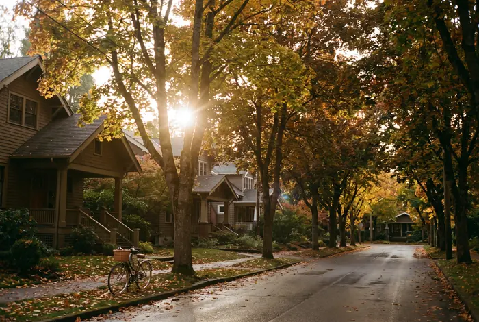 A leafy street of craftsman houses in early autumn with low evening sun