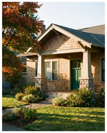 A craftsman bungalow with a green front door in late afternoon sun