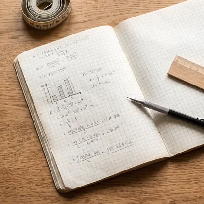 A graph-paper notebook with handwritten sums, a pencil and a ruler