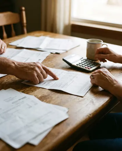 Two people going through printed statements at a kitchen table