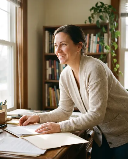 A loan officer talking with a client across a wooden desk